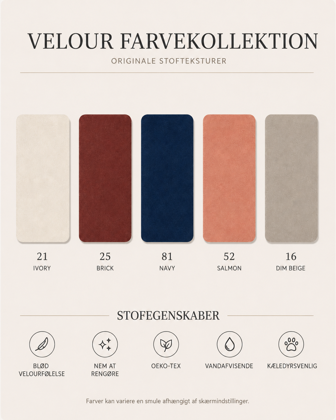 Velour farvekollektion - Ivory, Brick, Navy, Salmon, Dim Beige